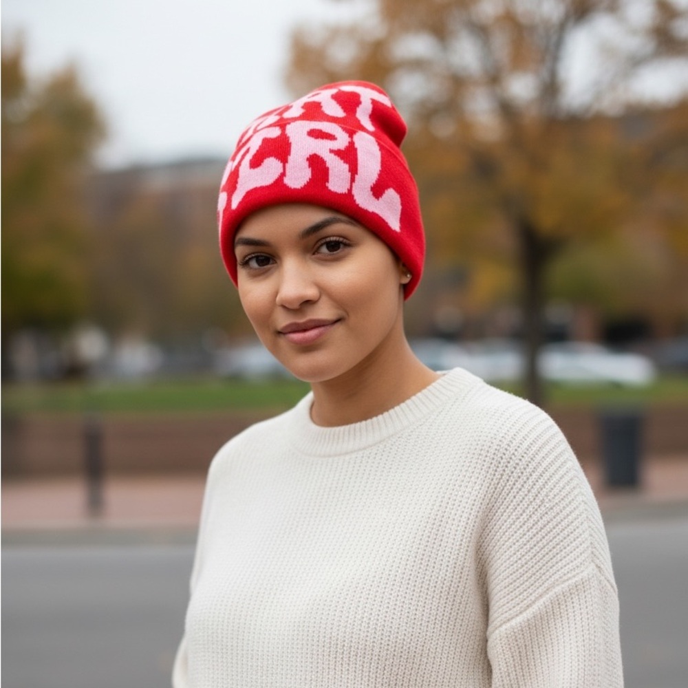 •Main Character Energy• Red & Light Pink Beanie - Picture 2 of 2